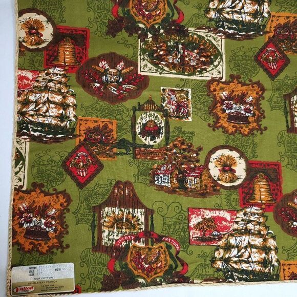 Vtg Colonial Americana Pub Signs Tall Ship Upholstery Fabric Amish Green Brown - Picture 1 of 2